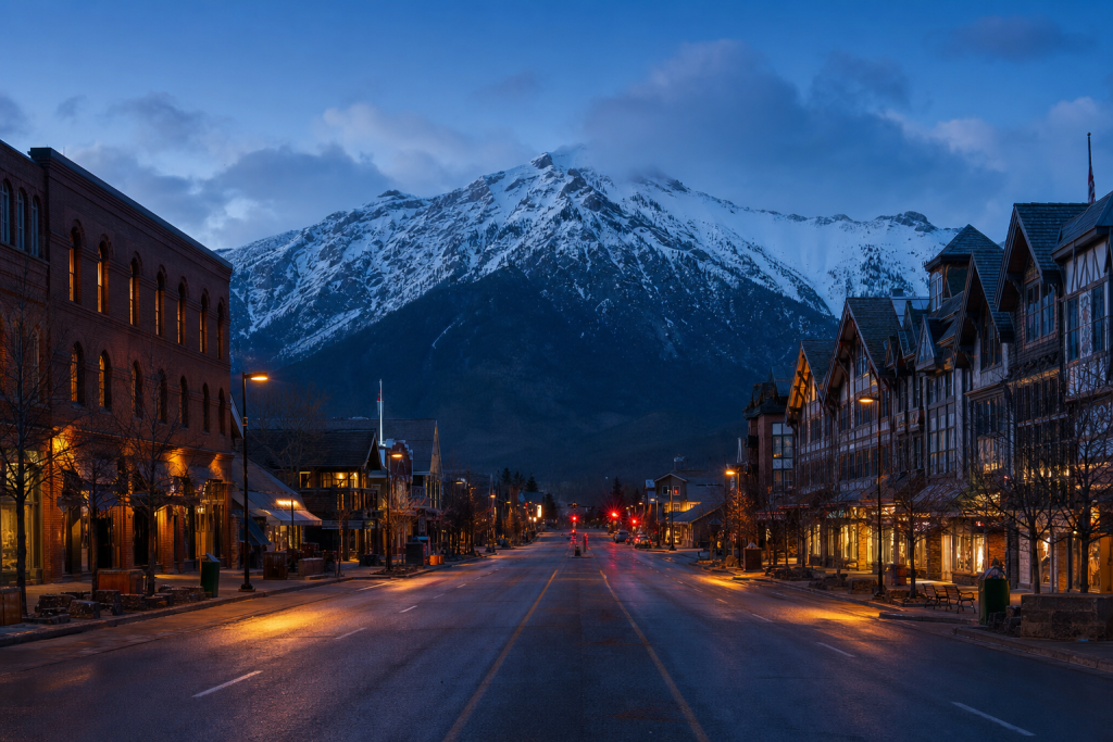 Street view in Rocky Mountain, leading lines, architectural detail, blue hour with mixed ambient and street