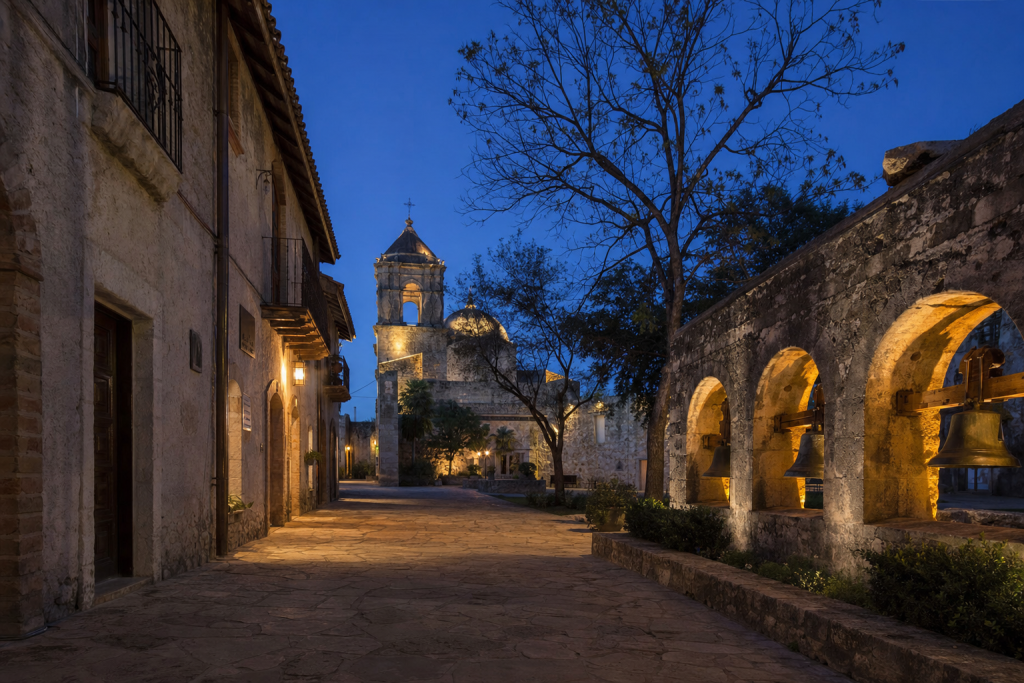 Street-level perspective in San Antonio, leading lines, architectural detail, blue hour with mixed ambient and street