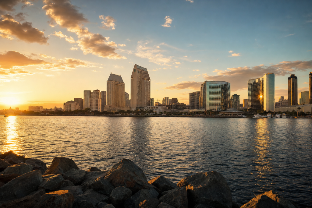 Wide-angle cinematic skyline of San Diego at golden hour, iconic landmarks visible, dramatic warm light