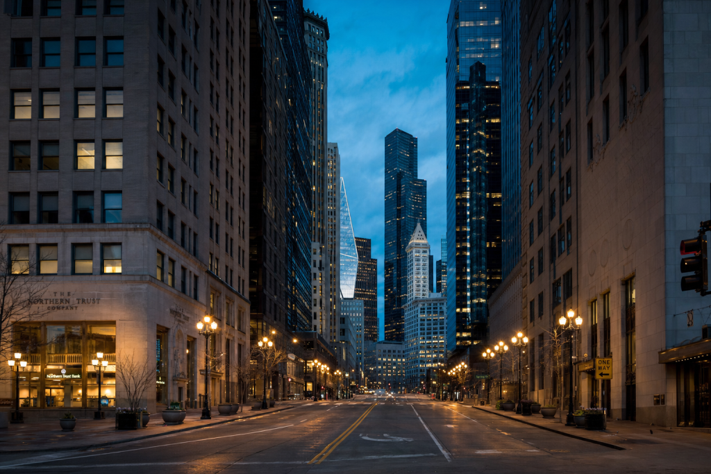 Street view in Seattle, leading lines, architectural detail, blue hour with mixed ambient and street lighting