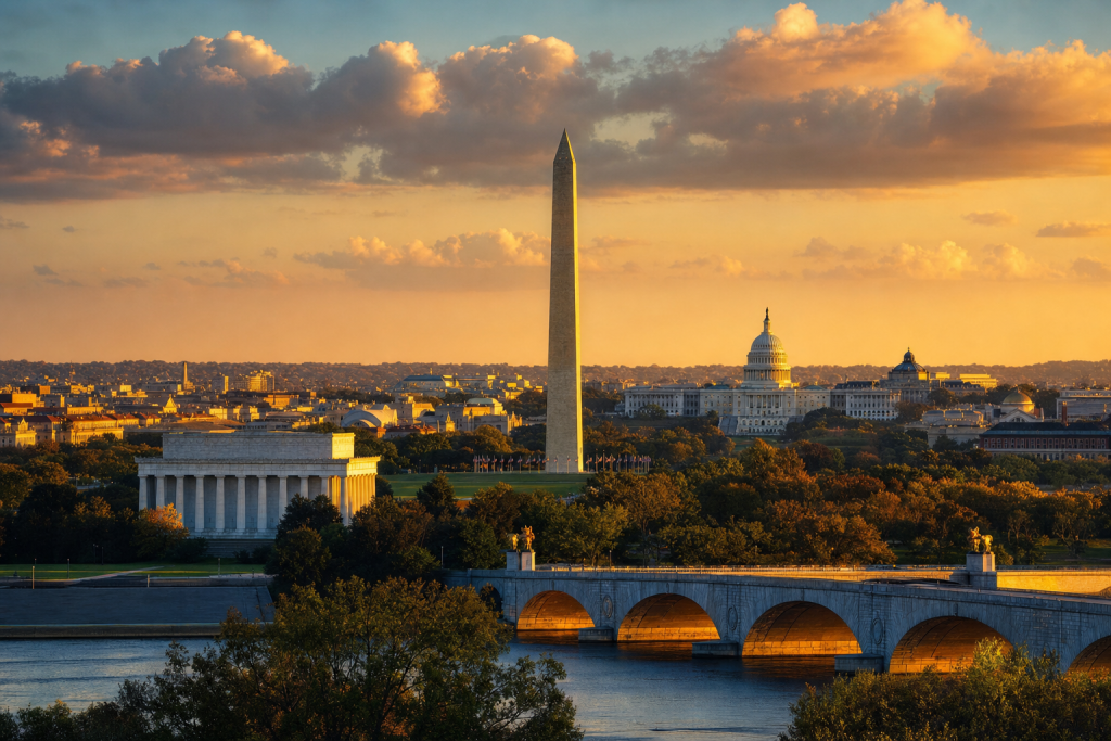 Washington Dc at golden hour, iconic landmarks visible, dramatic warm light