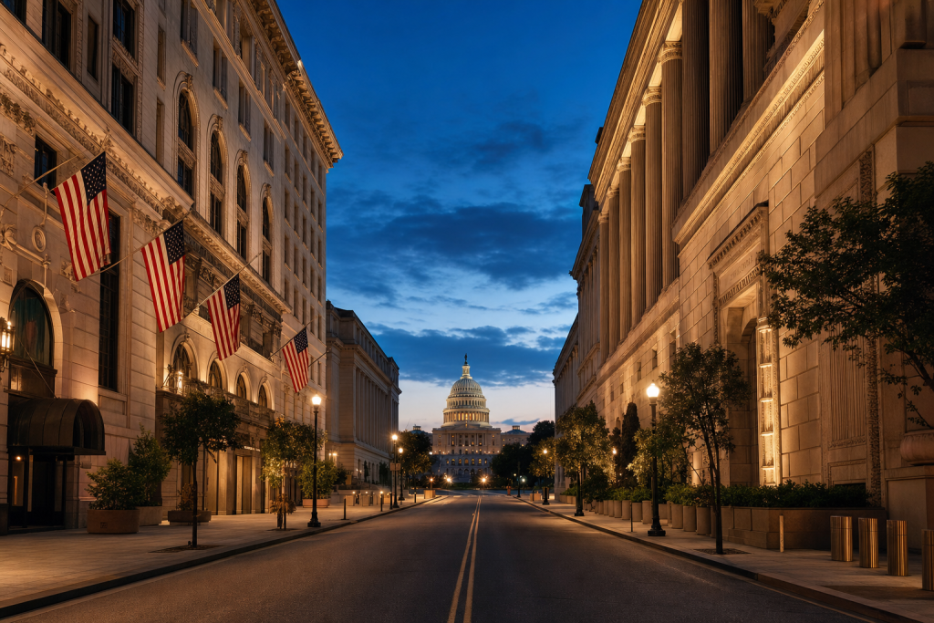 Street view in Washington Dc, leading lines, architectural detail, blue hour with mixed ambient and street