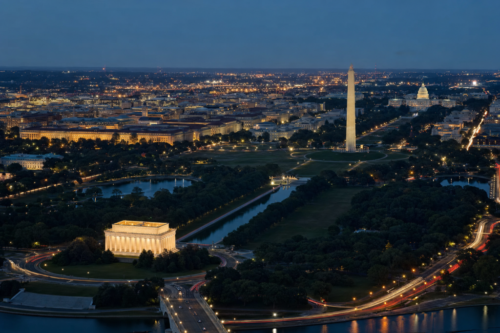 High-vantage view of Washington Dc during blue hour, glowing city lights, subtle motion blur in traffic