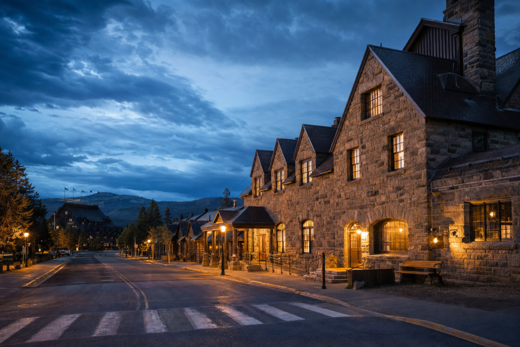 Street view in Yellowstone, leading lines, architectural detail, blue hour with mixed ambient and street