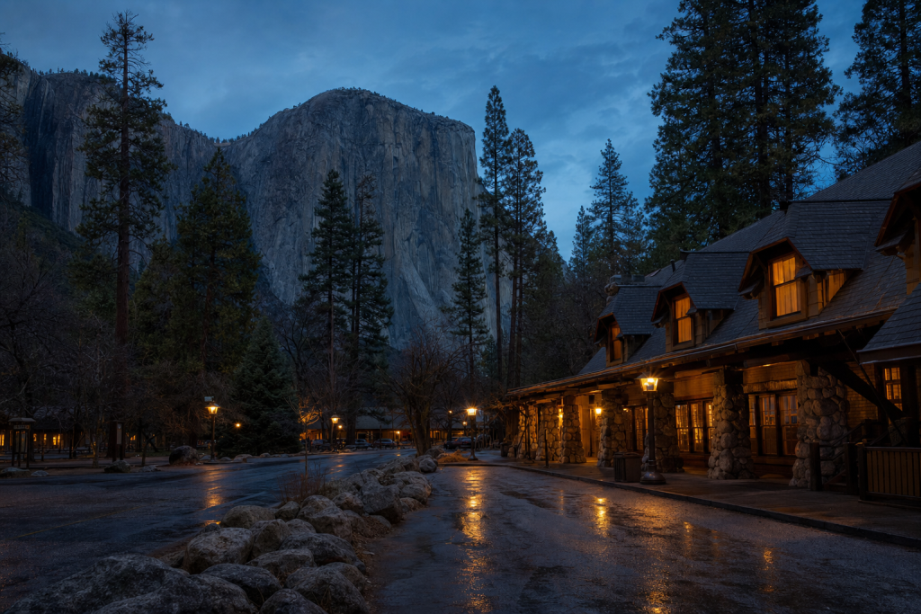 Street view in Yosemite, leading lines, architectural detail, blue hour with mixed ambient and street lighting
