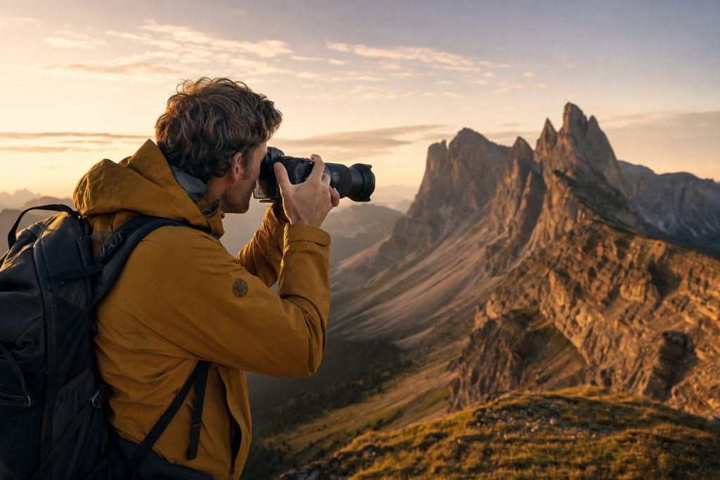 Photographer in action holding a camera at golden hour, environmental context, natural light