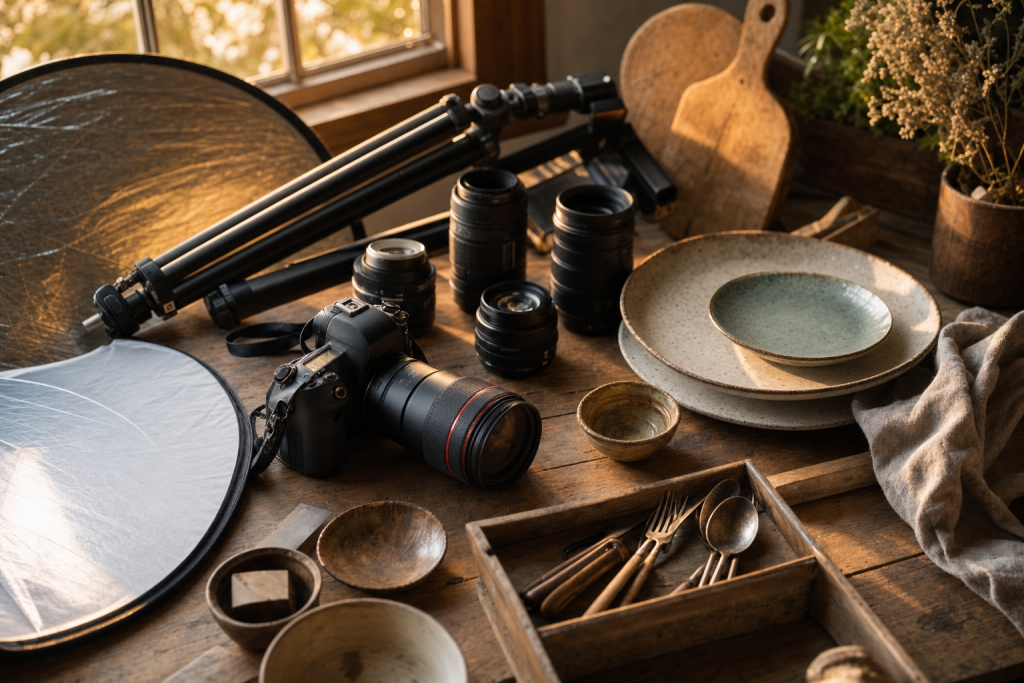 Detail-rich photograph related to Food photography complete gear list beginner kit, late golden hour light, photorealistic