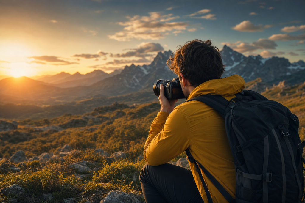 Photographer in action holding a camera at golden hour, environmental context, natural light