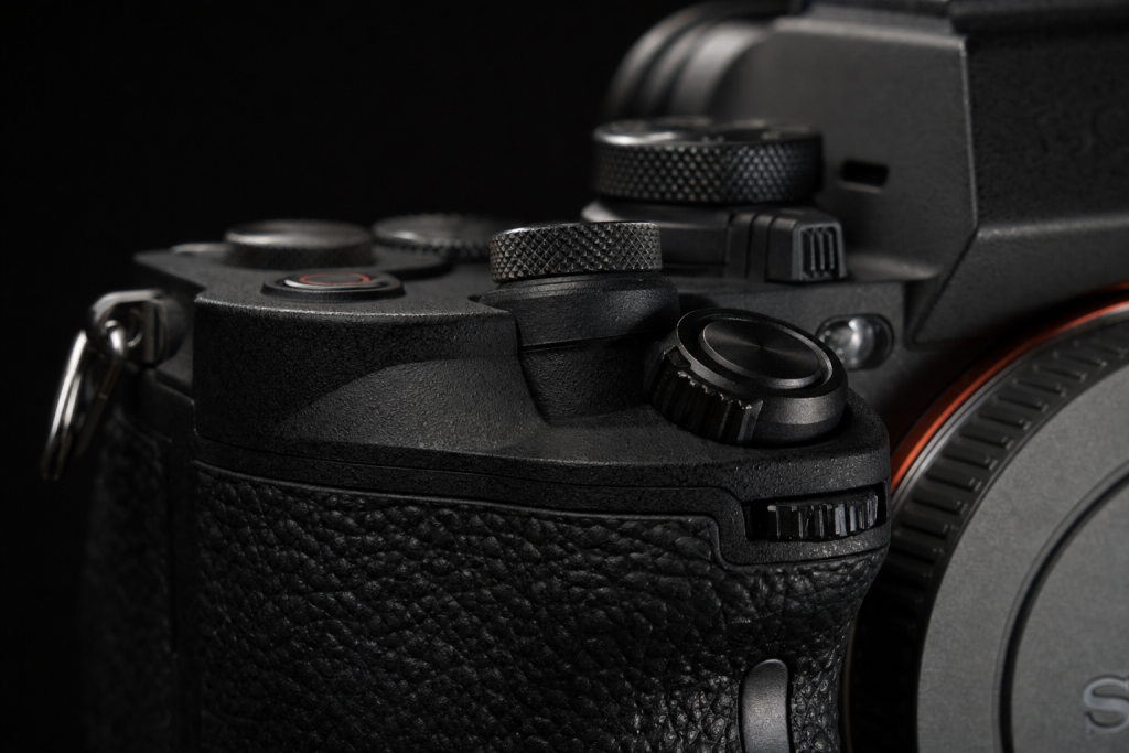 Detail shot of camera controls and grip, dramatic side lighting, macro feel, no text