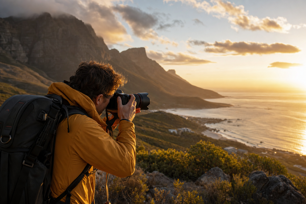 Photographer in action holding a camera at golden hour, environmental context, natural light
