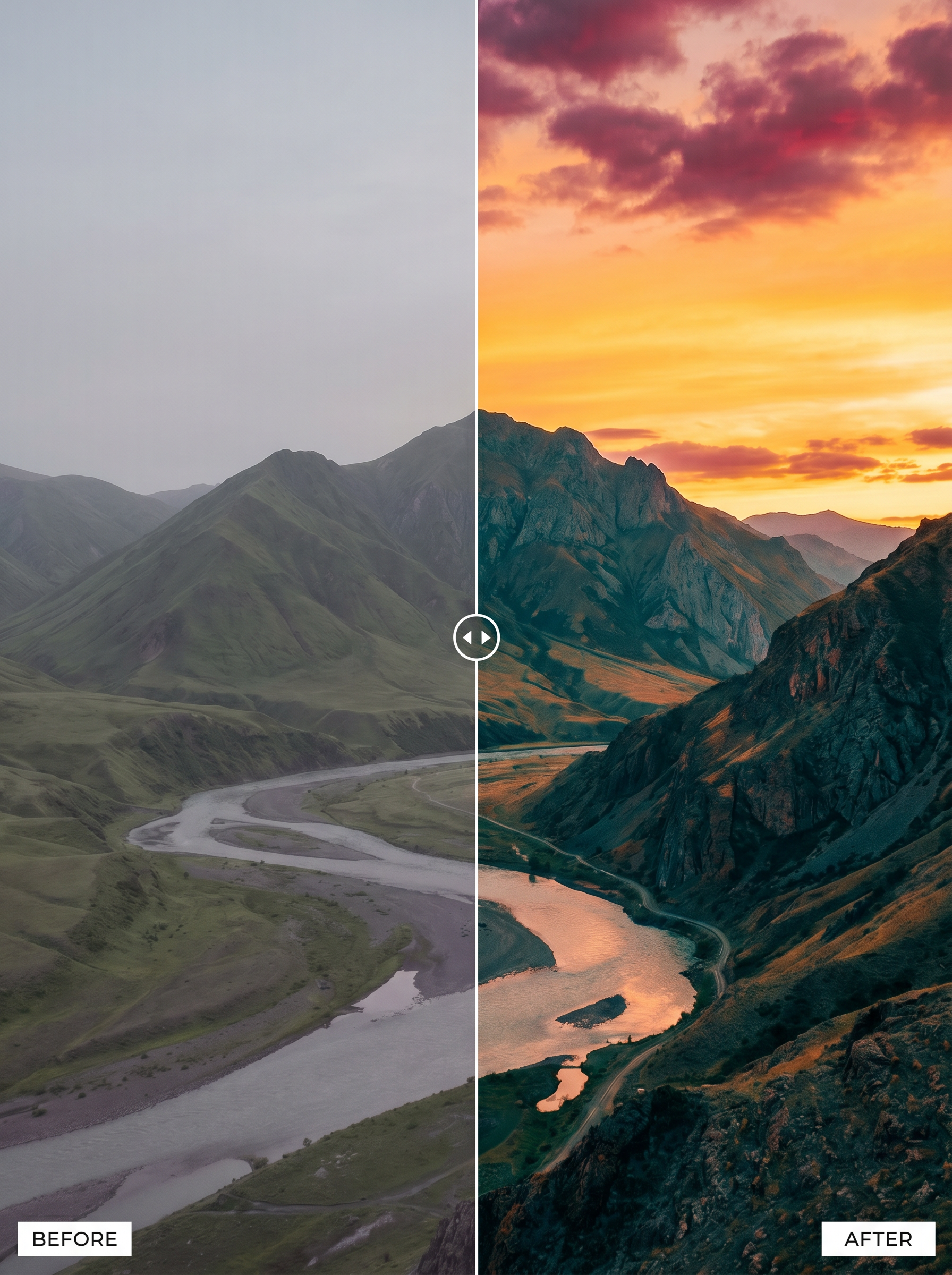 Landscape Lightroom Presets before and after — AI photo-realistic preview