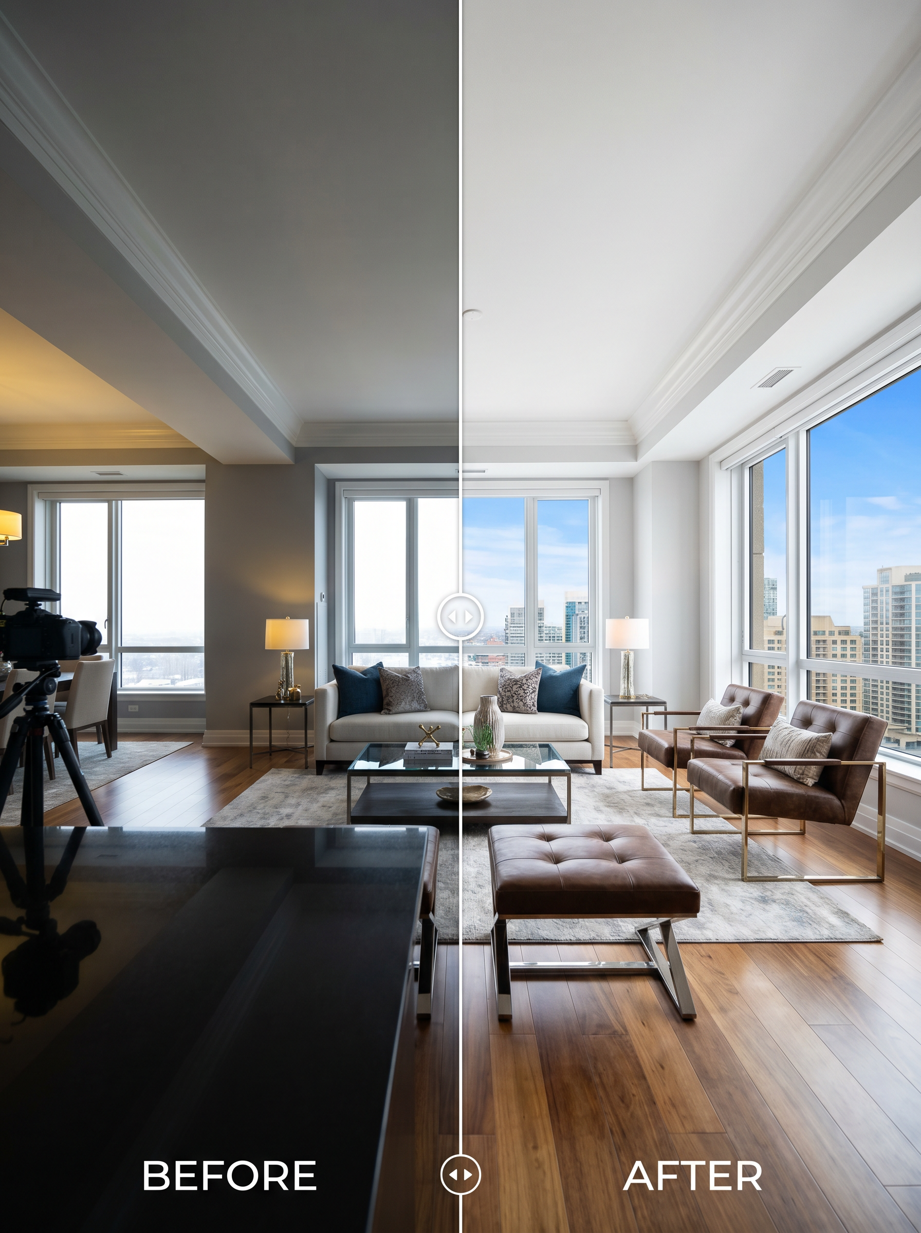Real Estate Lightroom Presets before and after — AI photo-realistic preview