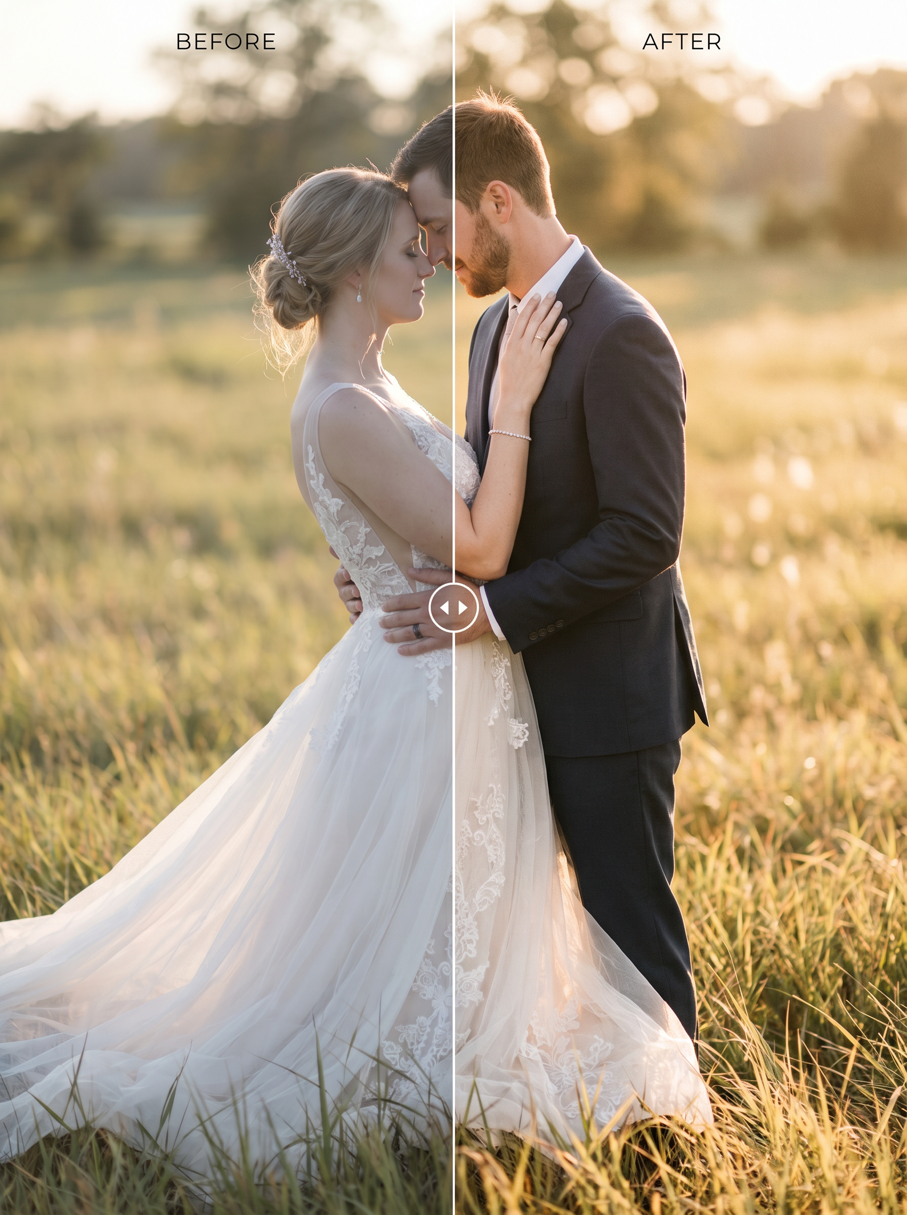 Wedding Lightroom Presets before and after — AI photo-realistic preview