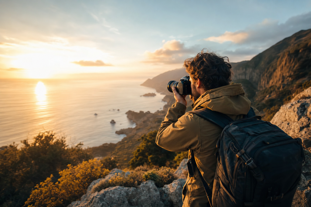 Photographer in action holding a camera at golden hour, environmental context, natural light