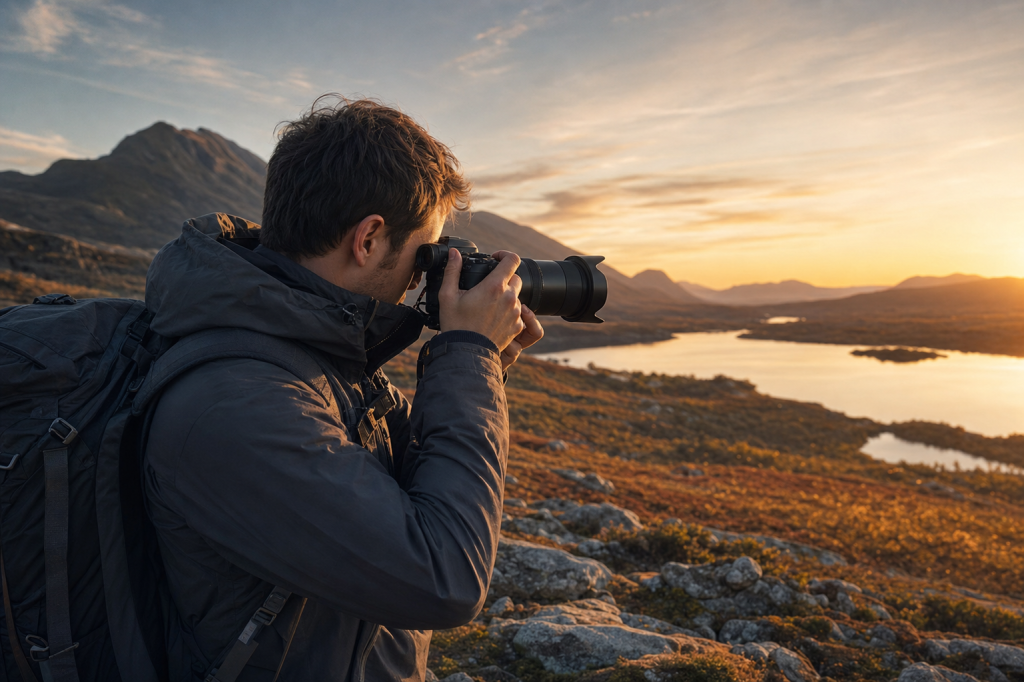 Photographer in action holding a camera at golden hour, environmental context, natural light