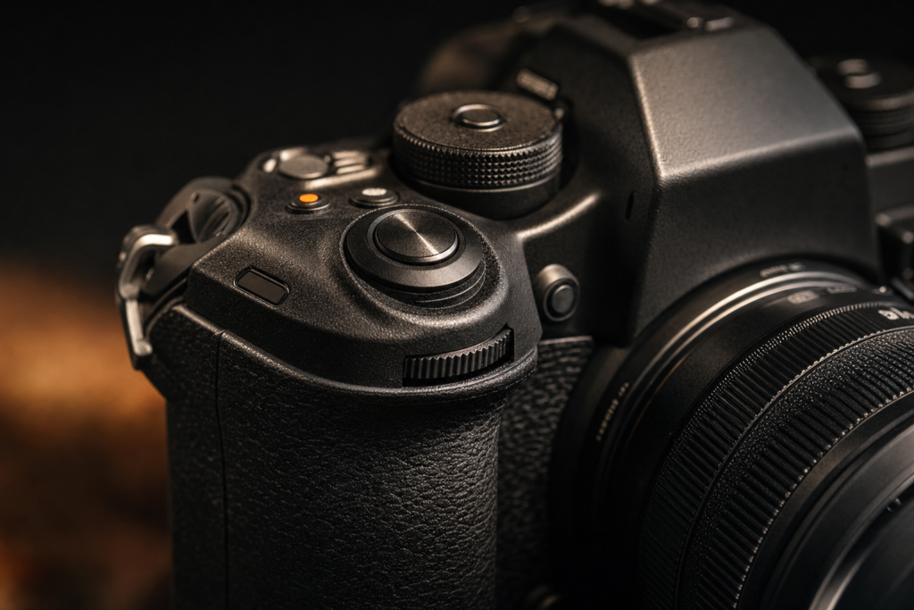 Detail shot of camera controls and grip, dramatic side lighting, macro feel, no text