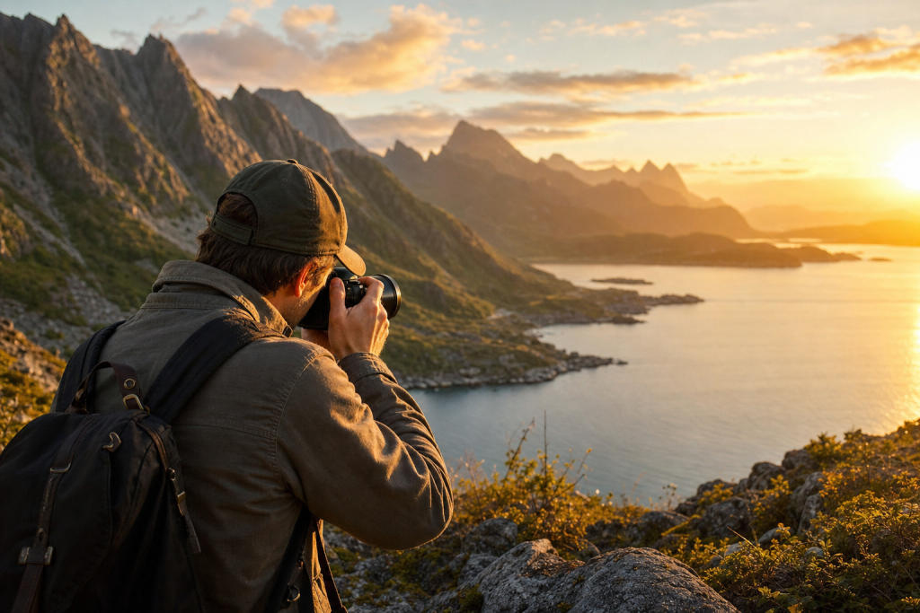 Photographer in action holding a camera at golden hour, environmental context, natural light