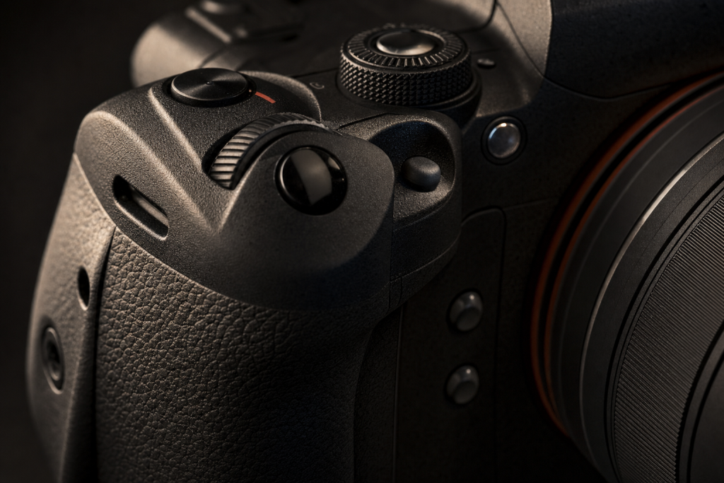 Detail shot of camera controls and grip, dramatic side lighting, macro feel, no text