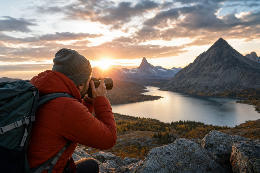 Photographer in action holding a camera at golden hour, environmental context, natural light