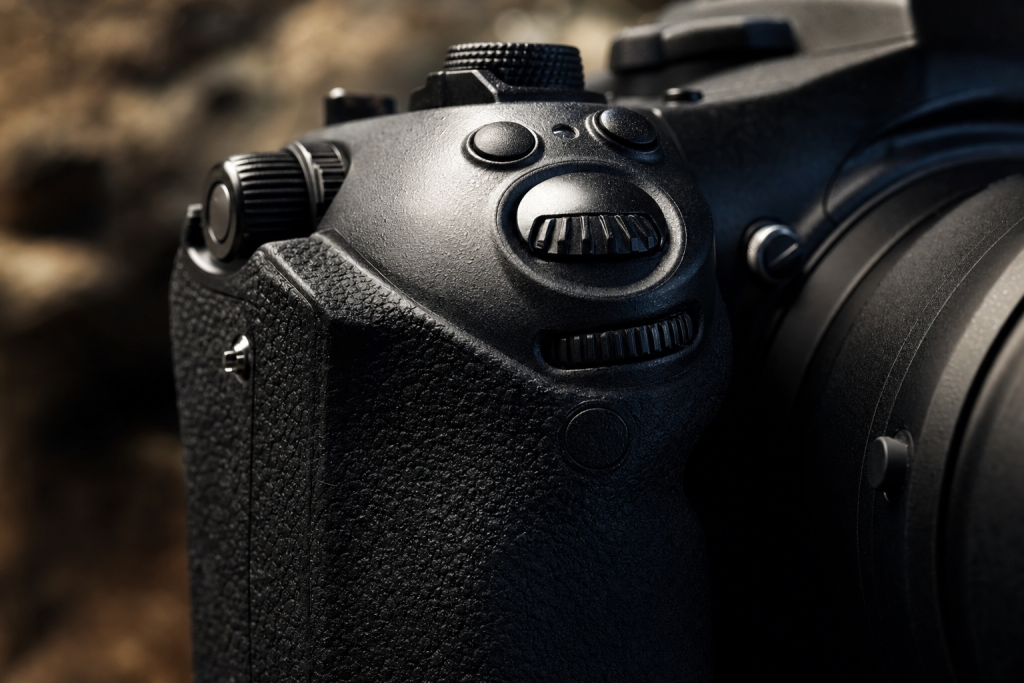 Detail shot of camera controls and grip, dramatic side lighting, macro feel, no text