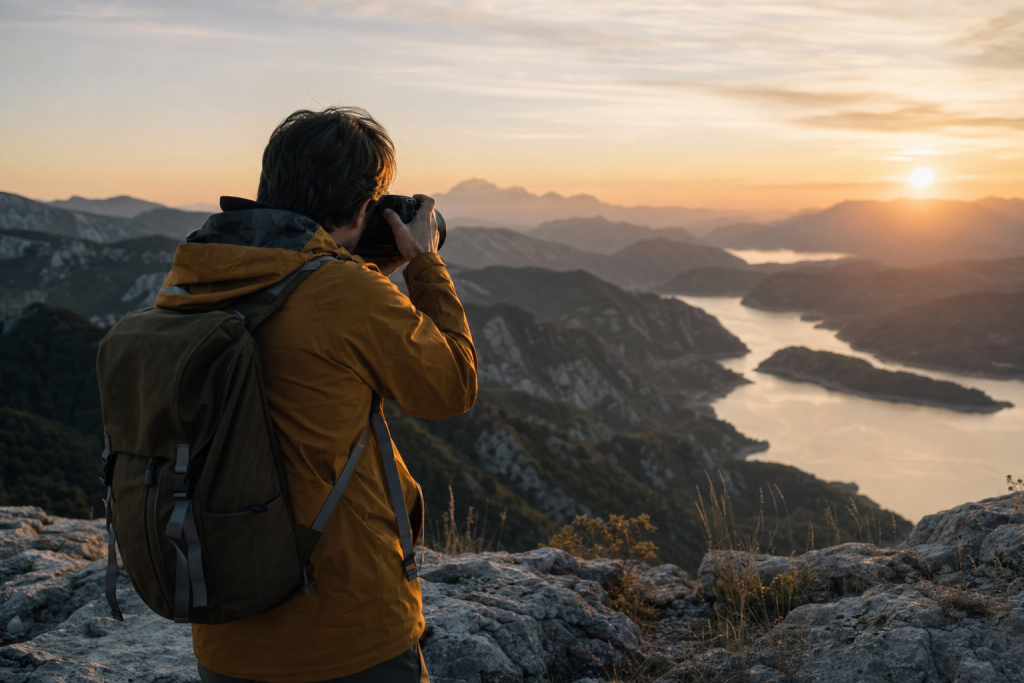 Photographer in action holding a camera at golden hour, environmental context, natural light