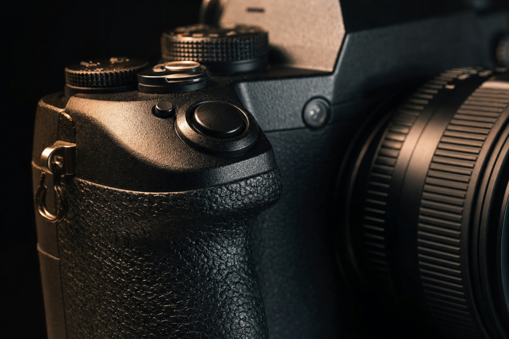 Detail shot of camera controls and grip, dramatic side lighting, macro feel, no text