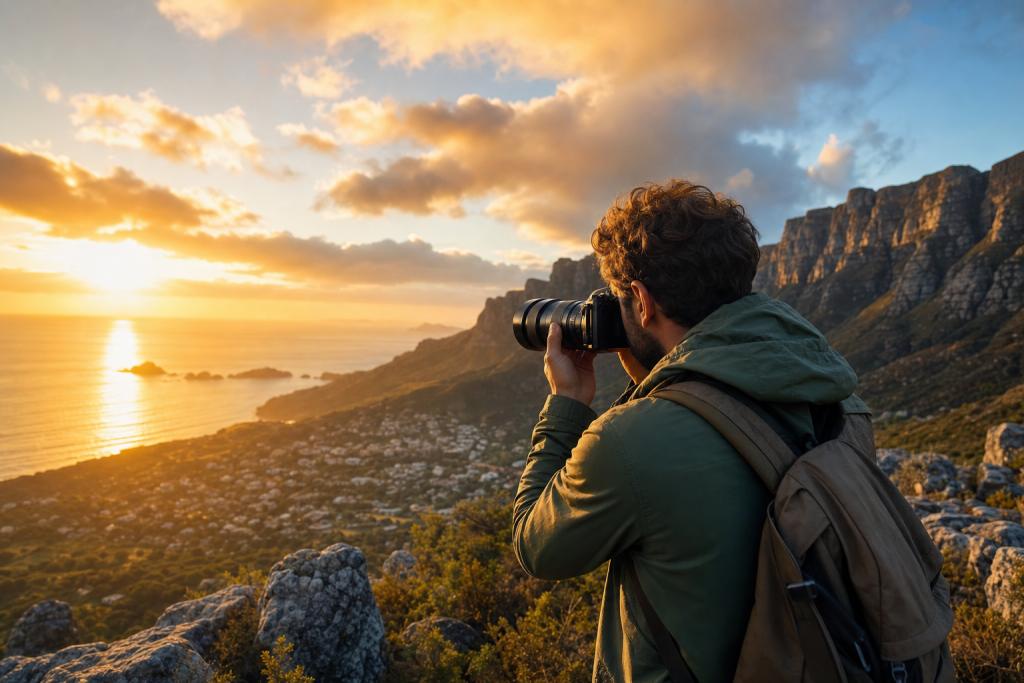 Photographer in action holding a camera at golden hour, environmental context, natural light