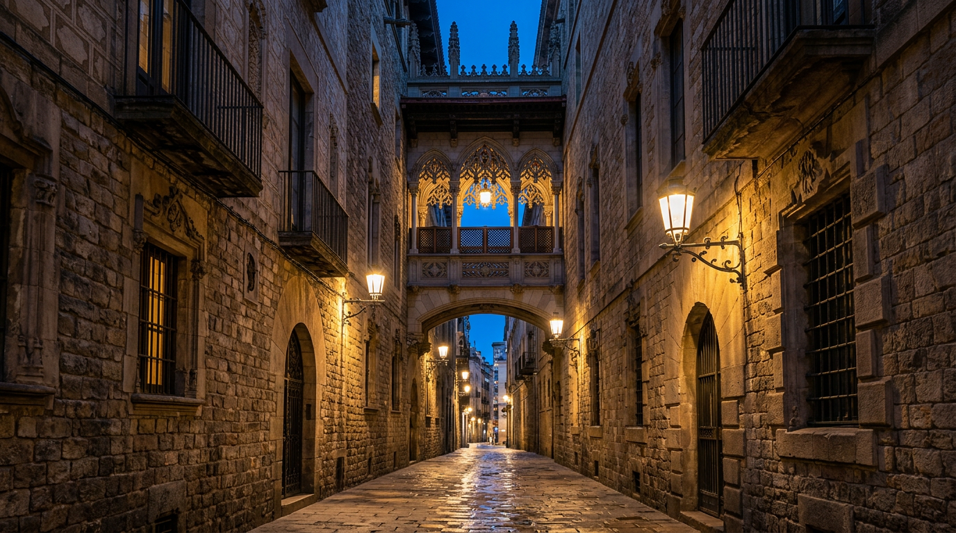 Gothic Quarter — Pont del Bisbe and Plaça Reial Barcelona photography sample