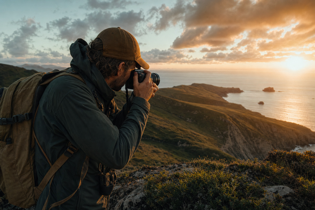 Photographer in action holding a camera at golden hour, environmental context, natural light