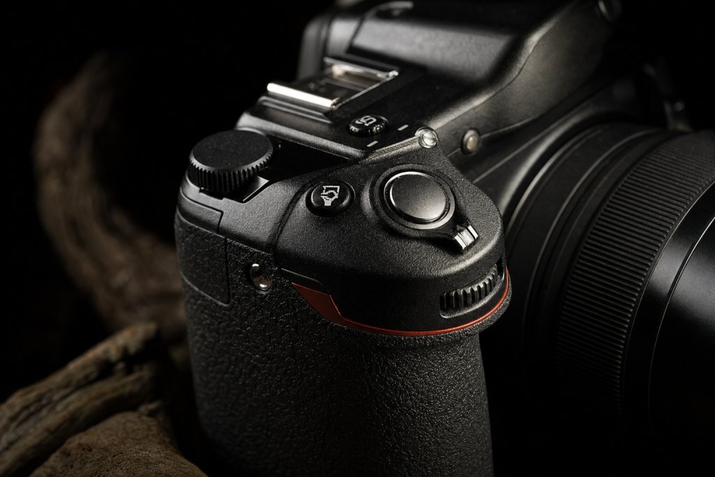 Detail shot of camera controls and grip, dramatic side lighting, macro feel, no text