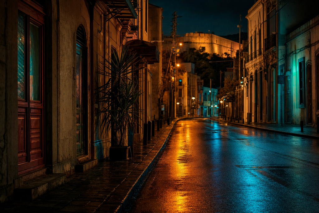 Night street scene with neon reflections on wet pavement, atmospheric mood