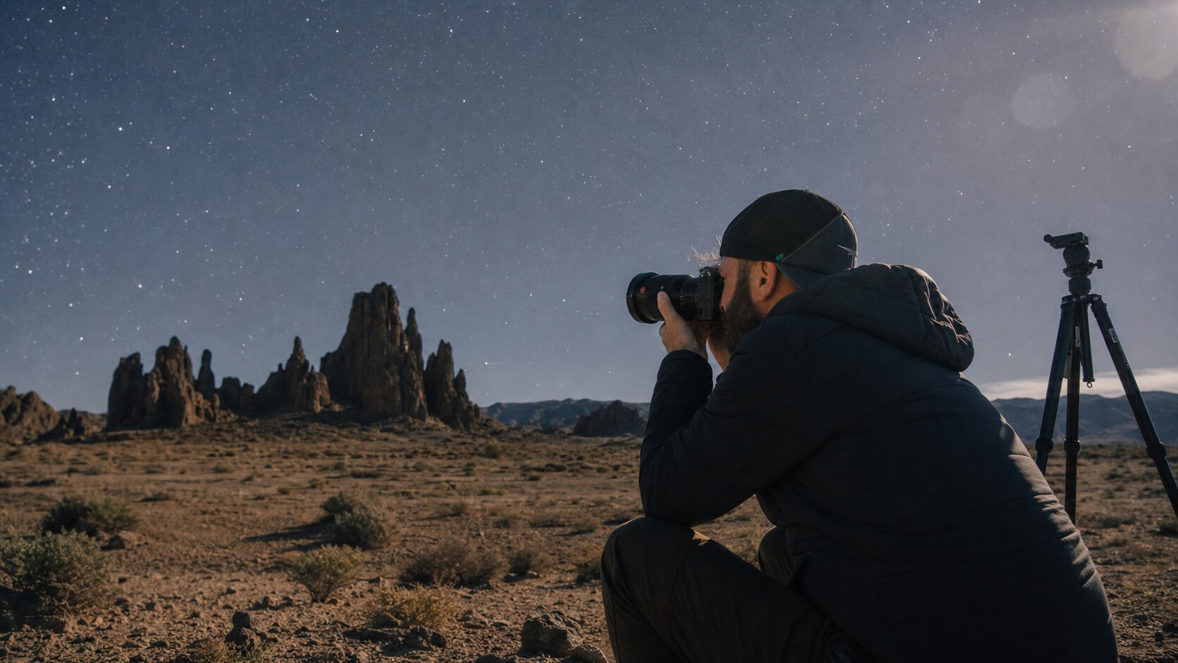 Lifestyle photograph of a photographer working with subject related to Best Astrophotography Tours