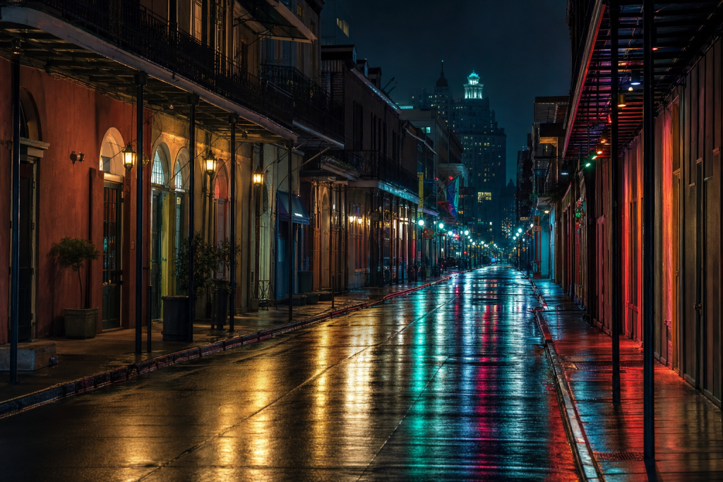 Night street scene with neon reflections on wet pavement, atmospheric mood