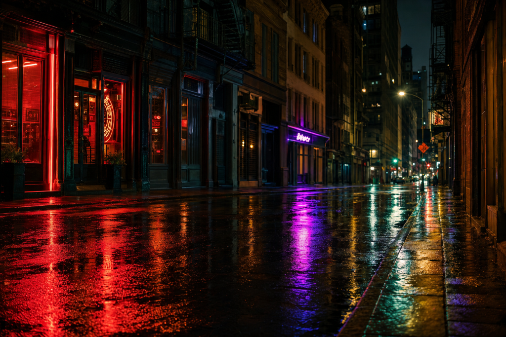 Night street scene with neon reflections on wet pavement, atmospheric mood