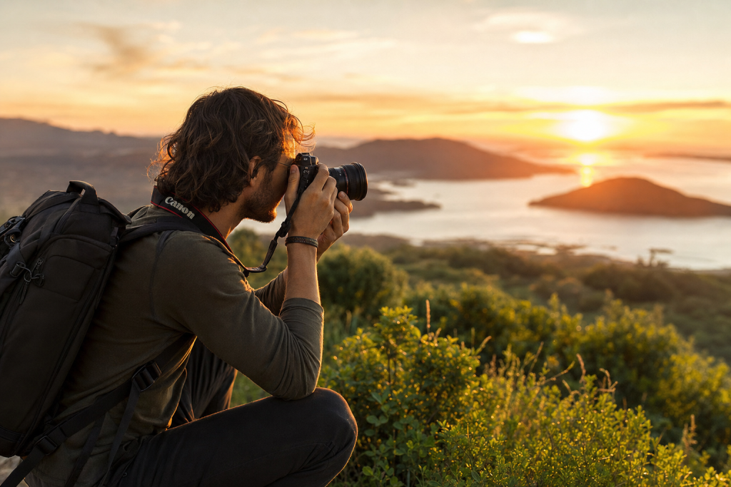 Photographer in action holding a camera at golden hour, environmental context, natural light