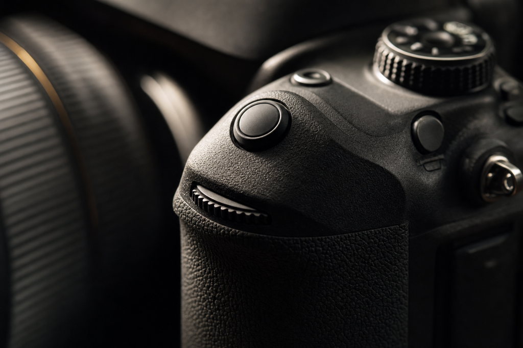 Detail shot of camera controls and grip, dramatic side lighting, macro feel, no text