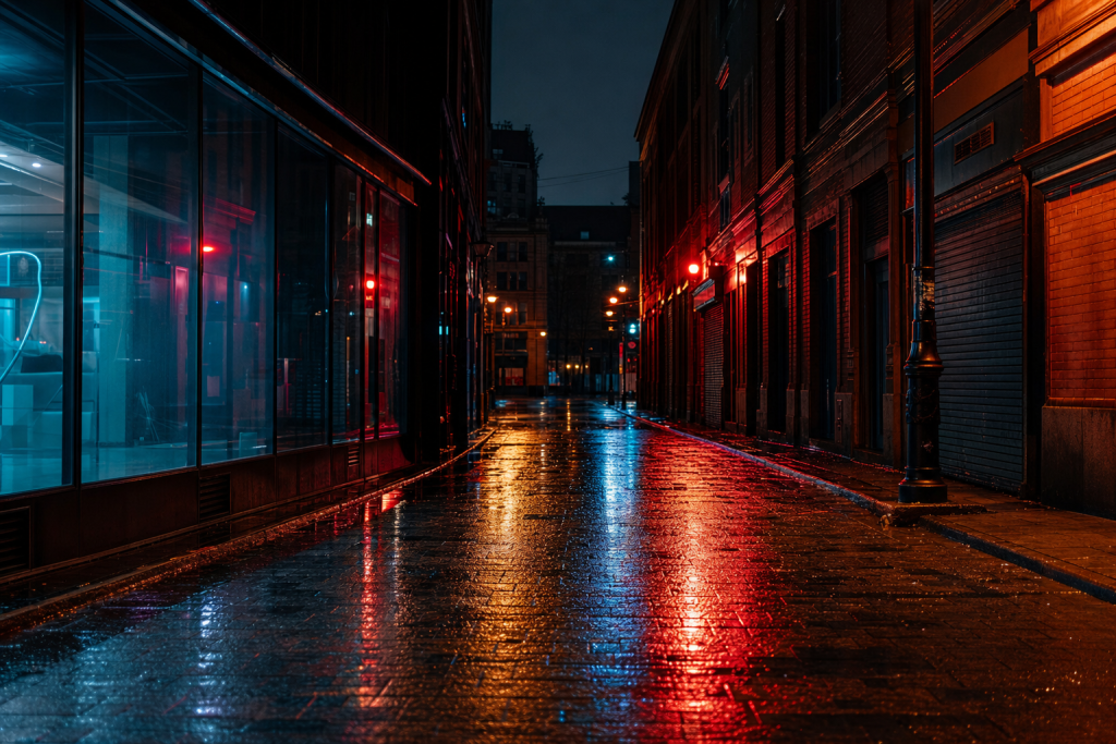 Night street scene with neon reflections on wet pavement, atmospheric mood