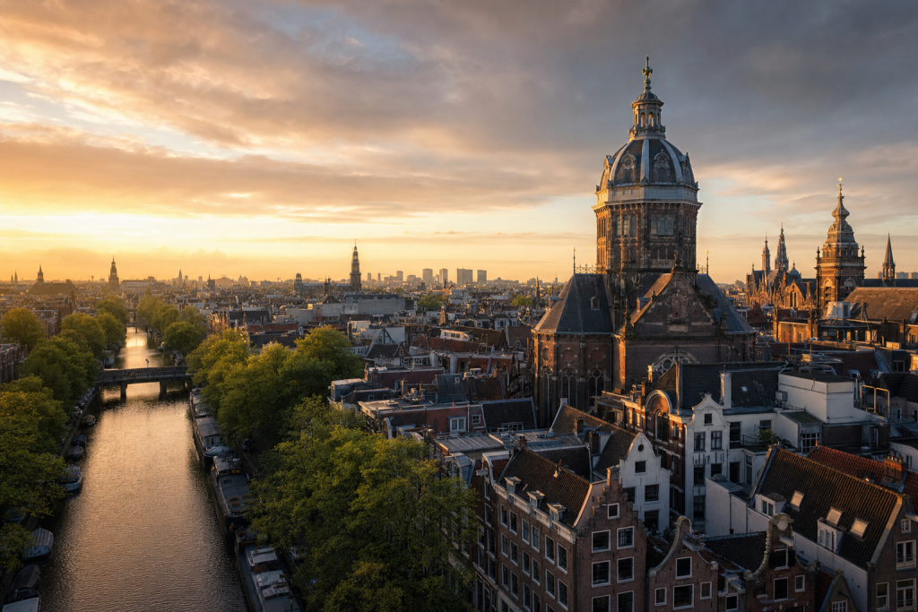 Amsterdam skyline at golden hour with iconic landmarks in warm light
