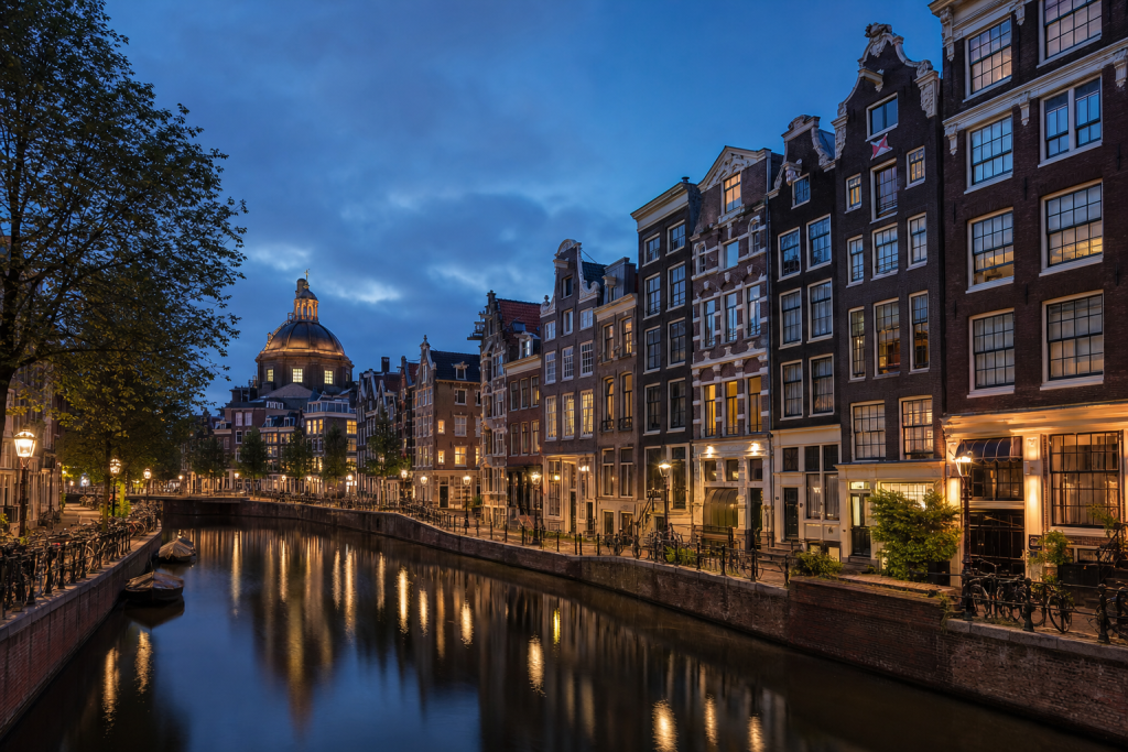 Amsterdam street photography at blue hour with leading lines and architectural detail