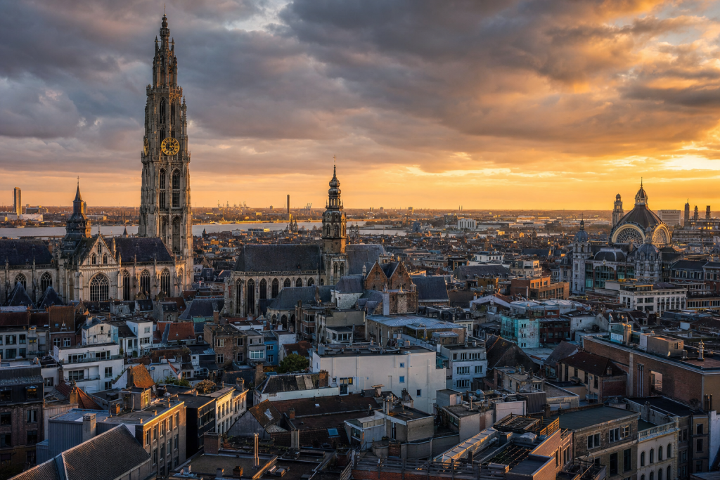 Antwerp skyline at golden hour with iconic landmarks in warm light