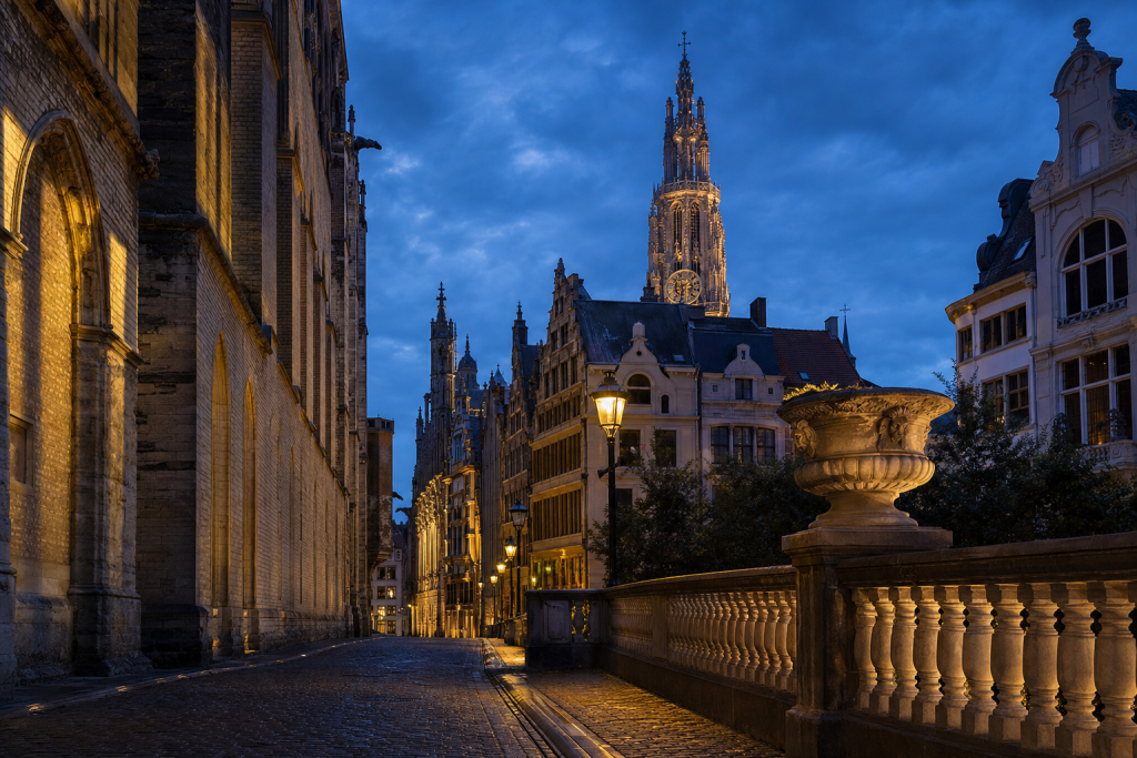 Antwerp street photography at blue hour with leading lines and architectural detail