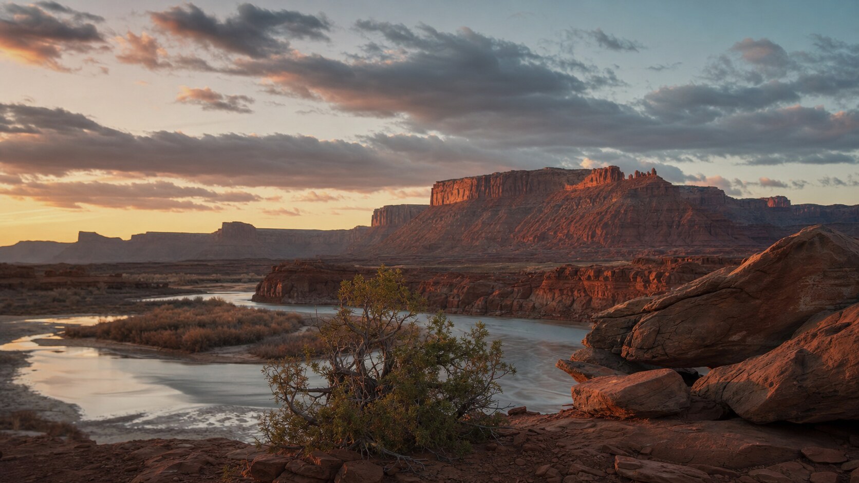 Sunrise landscape photograph at Arches National Park from the most popular sunrise overlook, showing the signature foreground-to-background composition