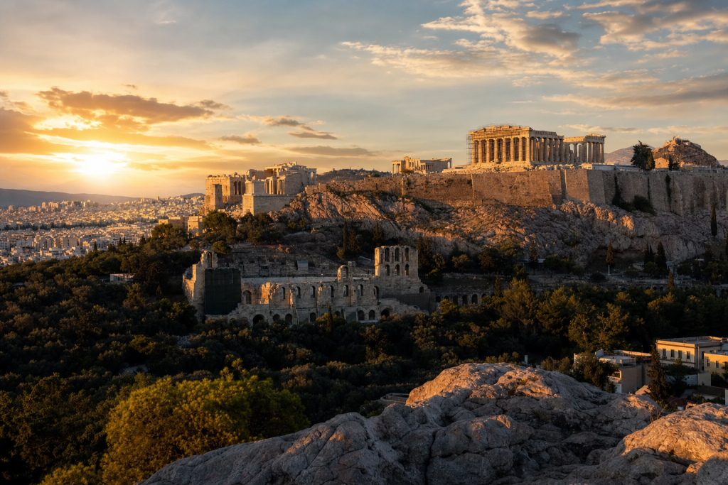 Athens skyline at golden hour with iconic landmarks in warm light