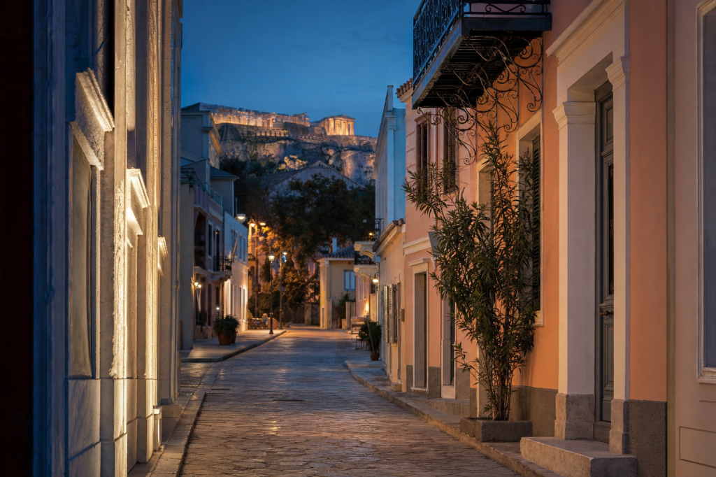 Athens street photography at blue hour with leading lines and architectural detail
