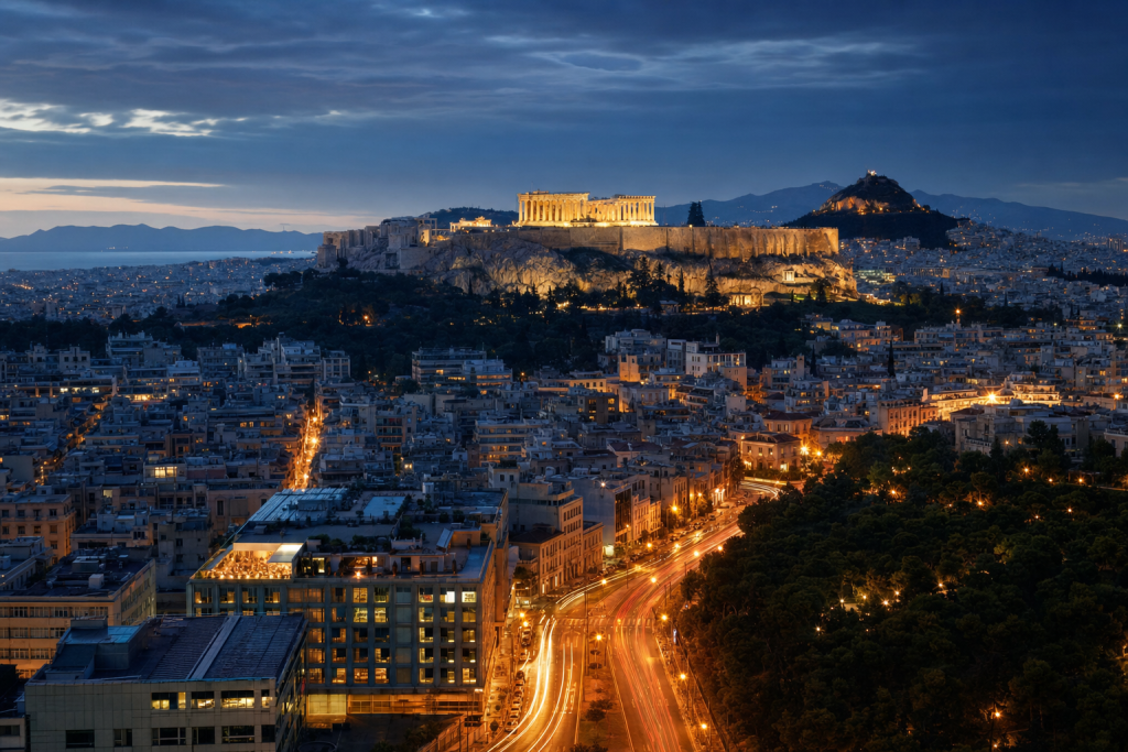 Athens high-vantage cityscape at blue hour with city lights and traffic motion