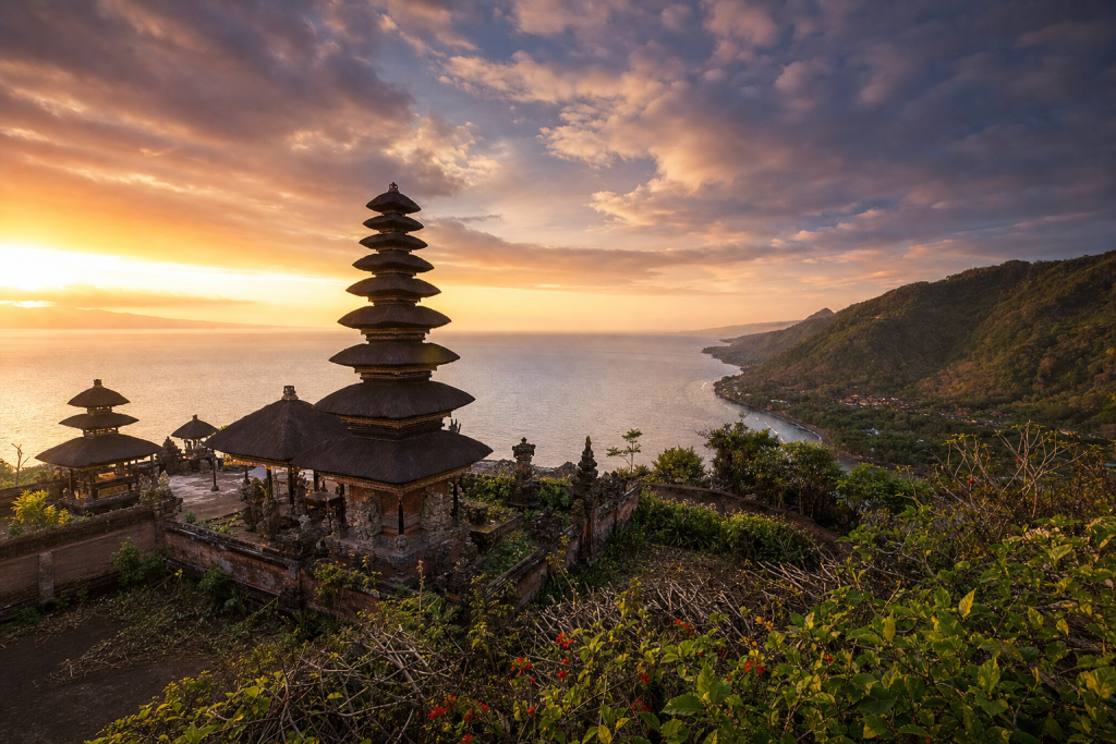Bali skyline at golden hour with iconic landmarks in warm light