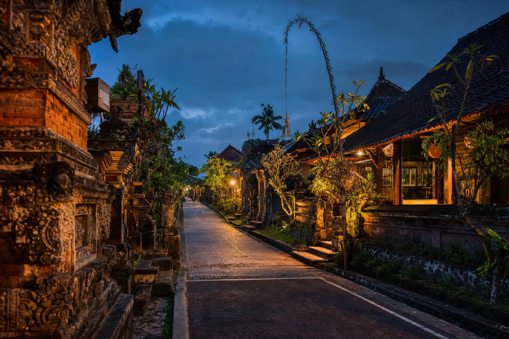 Bali street photography at blue hour with leading lines and architectural detail