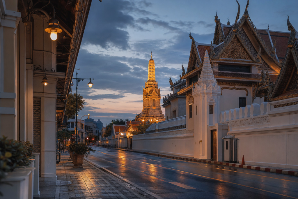 Bangkok street photography at blue hour with leading lines and architectural detail
