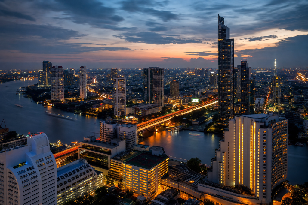 Bangkok high-vantage cityscape at blue hour with city lights and traffic motion