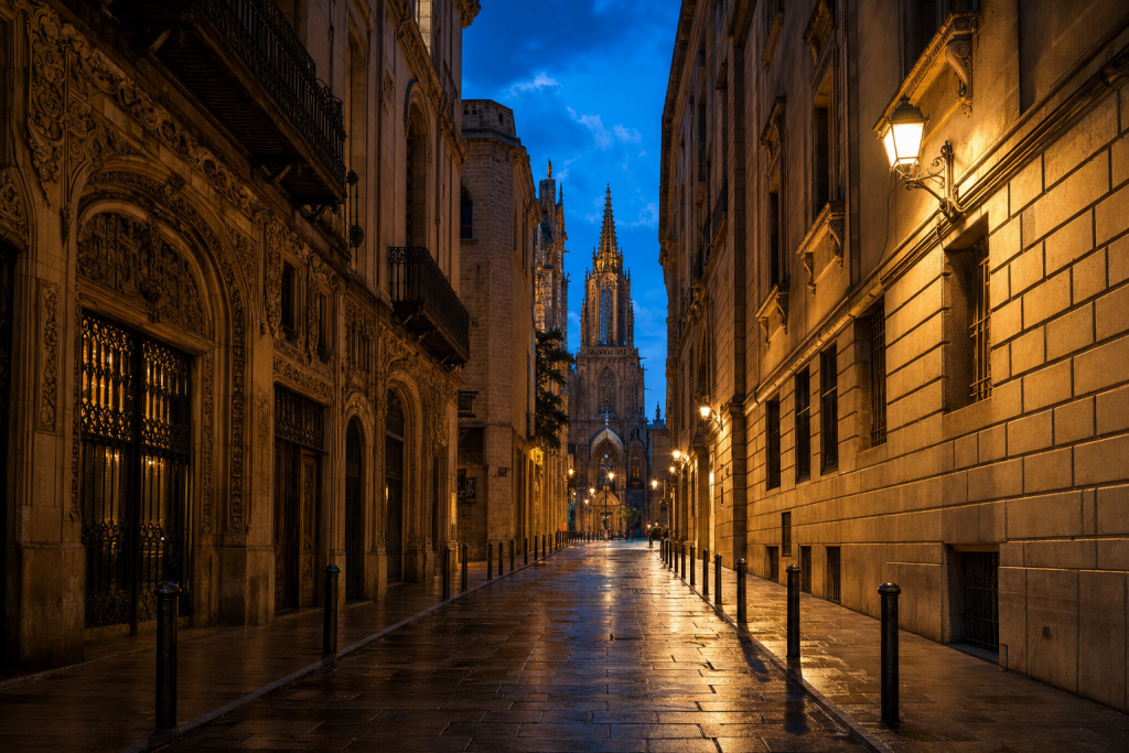 Barcelona street photography at blue hour with leading lines and architectural detail